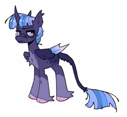 Size: 2112x1952 | Tagged: safe, artist:onionpwder, imported from derpibooru, oc, oc only, alicorn, pony, adult blank flank, alicorn oc, blank flank, blue mane, blue tail, chest fluff, cloven hooves, coat markings, colored hooves, colored tail, colored wings, curved horn, ear tufts, eye markings, facial markings, fangs, fetlock tuft, folded wings, frown, glasses, gradient wings, hooves, horn, hybrid wings, leonine tail, long tail, looking back, magical lesbian spawn, narrowed eyes, next generation, offspring, parent:princess luna, parent:twilight sparkle, parents:twiluna, pink eyes, pink hooves, purple coat, purple tail, purple wings, smiling, socks (coat markings), solo, standing, straight mane, straight tail, tail, thin tail, three quarter view, three toned mane, three toned tail, unicorn horn, wings