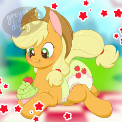 Size: 2000x2000 | Tagged: safe, artist:greysonsdippy, imported from derpibooru, applejack, earth pony, pony, cupcake, diaper, diaper fetish, fetish, food, poofy diaper, smiling, solo