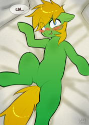 Size: 2200x3100 | Tagged: safe, artist:whyomnichan, imported from derpibooru, oc, oc:fault breccia, bed, blushing, lying down, on back, on bed, smiling, speech, talking