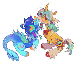 Size: 2048x1664 | Tagged: safe, artist:onionpwder, imported from derpibooru, oc, oc:rainbow rings, oc:star power, merpony, pony, unicorn, ambiguous gender, bald face, blaze (coat marking), blue blush, blue body, blue coat, blue eyelashes, blue mane, blue tail, blush scribble, blushing, bracelet, coat markings, collar, colored ears, colored eyebrows, colored hooves, colored legs, colored wings, coontails, cuffs (clothes), curved horn, ear markings, ear tufts, eye clipping through hair, eyebrows, eyebrows visible through hair, facial markings, fin ears, fin wings, fins, fish tail, fusion:dj pon-3, fusion:sunburst, fusion:vinyl scratch, gradient mane, gradient tail, gradient wings, green wings, hair accessory, hair tie, headphones, hooves, horn, jewelry, kissing, lying down, mane accessory, mane tie, merpony oc, mismatched hooves, multicolored hooves, multicolored mane, neck ribbon, oc x oc, orange hooves, ponytail, profile, prone, raised hooves, red eyelashes, shiny hooves, shiny mane, shiny tail, shipping, simple background, sitting, snip (coat marking), socks (coat markings), tail, tail accessory, tail markings, three quarter view, tied mane, transparent background, two toned tail, unicorn oc, unshorn fetlocks, wings, yellow coat