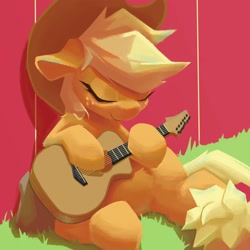 Size: 3000x3000 | Tagged: safe, artist:senaelik, imported from derpibooru, applejack, earth pony, pony, applejack's hat, cowboy hat, female, guitar, hat, mare, musical instrument, playing instrument, sitting, solo