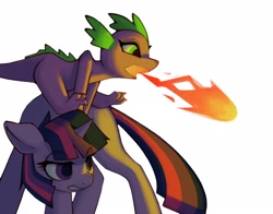 Size: 2902x2278 | Tagged: safe, artist:senaelik, imported from derpibooru, spike, twilight sparkle, dragon, pony, unicorn, dragons riding ponies, duo, duo male and female, eyebrows, eyebrows visible through hair, female, fire, fire breath, g4, high res, looking at something, male, mare, riding, riding a pony, simple background, spike riding twilight, unicorn twilight, white background, wingless spike