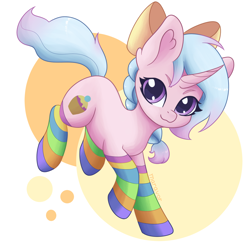 Size: 1500x1500 | Tagged: safe, artist:maravor, imported from derpibooru, oc, pony, unicorn, bow, clothes, female, hair bow, horn, mare, socks, solo, striped socks