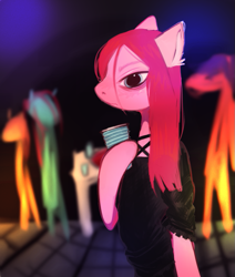 Size: 729x860 | Tagged: safe, artist:calmstate2, imported from derpibooru, pinkie pie, earth pony, pony, bipedal, clothes, cup, ear fluff, female, goth, mare, pinkamena diane pie, solo focus