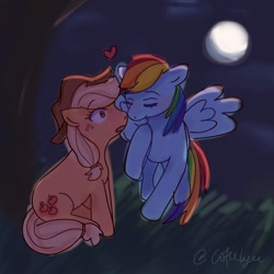 Size: 2048x2048 | Tagged: safe, artist:coffeelyee, imported from derpibooru, applejack, rainbow dash, pony, appledash, blushing, female, kissing, lesbian, moon, night, shipping, tree