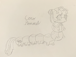 Size: 4032x3024 | Tagged: safe, artist:aidanthedrawerboi10, imported from derpibooru, coco pommel, caterpillar, leaf, monochrome, solo, species swap, traditional art