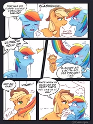 Size: 1536x2048 | Tagged: safe, artist:coffeelyee, imported from derpibooru, applejack, rainbow dash, earth pony, pegasus, pony, applejack's hat, biting, blushing, comic, cowboy hat, dialogue, duo, duo female, female, flashback, floppy ears, flying, folded wings, freckles, hairband, hat, looking at each other, looking at someone, mare, spread wings, stare, staring contest, tail, tail bite, thought bubble, wings