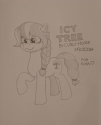 Size: 3060x3780 | Tagged: safe, artist:curly horse, imported from derpibooru, oc, oc only, oc:icy tree, earth pony, pony, :3, black and white, braid, cute, cutie mark, female, gift art, grayscale, high res, mare, monochrome, pencil drawing, raised hoof, simple background, solo, traditional art