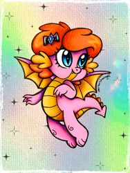 Size: 2250x3000 | Tagged: safe, artist:dariarchangel, imported from derpibooru, oc, oc only, oc:dazha, dragon, adorable face, baby, baby dragon, belly, blue eyes, bow, cute, cute face, cute little fangs, cute smile, dragon oc, dragon tail, dragon wings, dragoness, dragonified, fangs, female, female oc, flying, hair bow, non-pony oc, ocbetes, passepartout, pink body, scaled underbelly, solo, sparkles, species swap, spread wings, tail, traditional art, wings