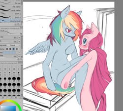 Size: 834x750 | Tagged: safe, artist:calmstate2, imported from derpibooru, pinkie pie, rainbow dash, earth pony, pegasus, semi-anthro, art program in frame, blushing, duo, female, looking at each other, looking at someone, pinkamena diane pie, wip