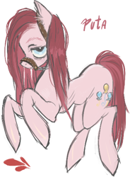 Size: 372x506 | Tagged: safe, artist:calmstate2, imported from derpibooru, pinkie pie, earth pony, pony, blood, bridle, ear fluff, female, mare, pinkamena diane pie, simple background, solo, tack, white background