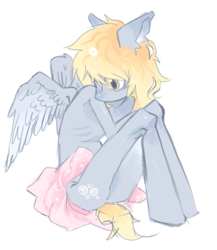 Size: 475x547 | Tagged: safe, artist:calmstate2, imported from derpibooru, derpy hooves, anthro, pegasus, breastless female, clothes, emaciated, female, partial nudity, ribs, simple background, sitting, skinny, skirt, solo, thin, topless, white background