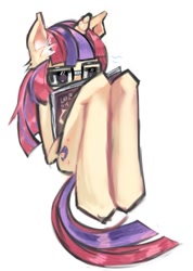 Size: 715x1007 | Tagged: safe, artist:calmstate2, imported from derpibooru, moondancer, semi-anthro, unicorn, book, ear fluff, female, glasses, horn, reading, simple background, solo, white background