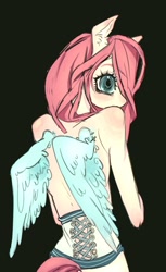 Size: 662x1080 | Tagged: safe, artist:calmstate2, imported from derpibooru, fluttershy, pegasus, semi-anthro, clothes, corset, female, green background, hair over one eye, simple background, solo