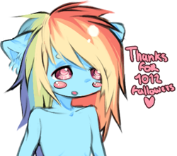 Size: 765x676 | Tagged: safe, artist:calmstate2, imported from derpibooru, rainbow dash, anthro, blushing, bust, collarbone, followers, human shoulders, humanoid torso, milestone