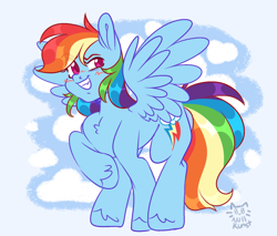 Size: 1874x1600 | Tagged: safe, artist:nullkunst, artist:nullkunstt, imported from derpibooru, rainbow dash, pegasus, pony, blush scribble, blushing, chest fluff, deviantart watermark, eye clipping through hair, female, grin, hoof fluff, mare, obtrusive watermark, redraw, remake, signature, smiling, solo, watermark