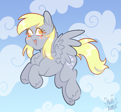 Size: 1055x975 | Tagged: safe, artist:nullkunst, artist:nullkunstt, imported from derpibooru, derpy hooves, pegasus, pony, blush scribble, blushing, cloud, deviantart watermark, female, flying, hoof fluff, mare, obtrusive watermark, open mouth, open smile, outdoors, signature, sky, smiling, solo, watermark