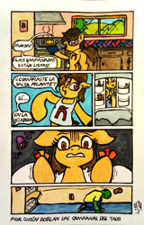 Size: 2089x3264 | Tagged: safe, artist:wren, oc, oc:anon, oc:maría teresa de los ponyos paguetti, pony, appalled, comic, empanada, female, food, horrified, hot sauce, indoors, kitchen, mare, refrigerator, sandals, shocked, spanish text, taco bell, throwing, ñ