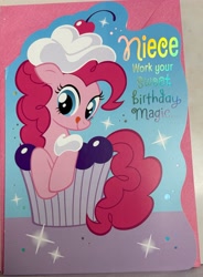 Size: 3319x4499 | Tagged: safe, imported from derpibooru, pinkie pie, birthday, card, cupcake, food, irl, merchandise, photo