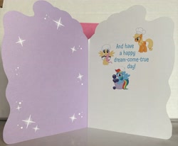 Size: 4284x3537 | Tagged: safe, imported from derpibooru, applejack, fluttershy, rainbow dash, birthday, card, irl, merchandise, photo