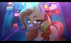 Size: 2921x1748 | Tagged: safe, artist:glumarkoj, imported from derpibooru, oc, oc only, earth pony, pony, chest fluff, female, glasses, glasses chain, mare, night, solo, street