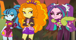 Size: 1463x772 | Tagged: safe, imported from derpibooru, screencap, adagio dazzle, aria blaze, sonata dusk, equestria girls, cropped, crossed arms, equestria girls specials, female, hand on hip, my little pony equestria girls: sunset's backstage pass, the dazzlings, trio, trio female