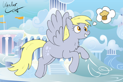 Size: 2364x1588 | Tagged: safe, artist:wondercolt, imported from derpibooru, derpy hooves, pegasus, chest fluff, cloudsdale, colored sketch, cross-eyed, flying, food, muffin, signature, sketch, smiling, teeth, thought bubble