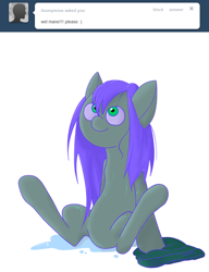 Size: 684x890 | Tagged: artist needed, safe, imported from derpibooru, oc, oc only, pony, ask, female, looking up, sitting, solo, tumblr, wet, wet mane