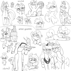 Size: 3000x3000 | Tagged: safe, artist:goshhhh, artist:redruin01, imported from derpibooru, applejack, discord, fluttershy, pinkie pie, princess celestia, princess luna, rainbow dash, rarity, twilight sparkle, zecora, alicorn, earth pony, pegasus, pony, unicorn, zebra, apple, butt, cake, clothes, coffee mug, eating, fan, female, food, grayscale, grin, high res, hoof hold, horn, knife, lying down, male, mane six, mare, meme, monochrome, mug, no bitches?, plot, ponytones outfit, prone, royal sisters, siblings, sisters, smiling, sploot, style emulation, sweat, that pony sure does love apples, unicorn twilight