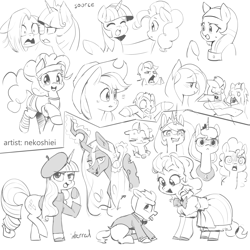 Size: 3000x3000 | Tagged: safe, artist:nekoshiei, artist:redruin01, imported from derpibooru, applejack, pinkie pie, princess celestia, princess luna, queen chrysalis, rarity, trixie, twilight sparkle, changeling, changeling queen, earth pony, pegasus, pony, unicorn, beatnik rarity, beret, bowtie, clothes, cross-popping veins, dress, drool, emanata, female, glowing, glowing horn, grayscale, hat, heart, heart eyes, high res, hoof hold, horn, male, mare, monochrome, phone, royal sisters, siblings, simple background, sisters, stallion, standing on two hooves, style emulation, sweater, tuxedo, unicorn twilight, varying degrees of want, white background, wingding eyes