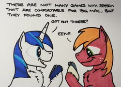 Size: 1997x1426 | Tagged: safe, artist:hoofclid, imported from derpibooru, big macintosh, shining armor, earth pony, pony, unicorn, chest fluff, dialogue, duo, duo male, eeyup, go fish, horn, magnetic hooves, male, marker drawing, missing accessory, playing card, stallion, traditional art