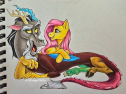 Size: 1080x810 | Tagged: safe, artist:hogg_draws, artist:hoggoblin, imported from derpibooru, discord, fluttershy, crayon drawing, discoshy, drawing, duo, duo male and female, female, grin, looking at each other, looking at someone, male, paper, shipping, signature, smiling, smiling at each other, snaggletooth, straight, traditional art