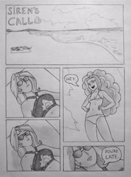 Size: 3038x4096 | Tagged: safe, artist:public mistake, imported from derpibooru, adagio dazzle, sunset shimmer, human, comic:siren's call, equestria girls, belly, belly button, bikini, breasts, clothes, comic, dialogue, duo, female, grayscale, hand on hip, lesbian, monochrome, pencil drawing, shipping, speech bubble, sunglasses, sunsagio, swimsuit, traditional art