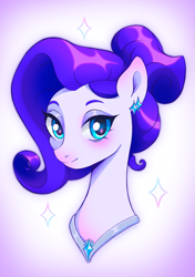 Size: 1748x2480 | Tagged: safe, artist:slemseva, imported from derpibooru, rarity, earth pony, pony, bust, ear piercing, earring, earth pony rarity, female, jewelry, mare, piercing, portrait, race swap, smiling, solo