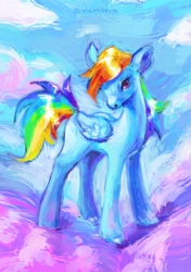 Size: 1748x2480 | Tagged: safe, artist:slemseva, imported from derpibooru, rainbow dash, pegasus, pony, cloud, female, mare, on a cloud