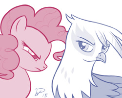 Size: 815x652 | Tagged: safe, artist:wdeleon, imported from twibooru, gilda, pinkie pie, earth pony, griffon, pony, 2015, annoyed, dichromatic, fanfic, fanfic art, fanfic cover, female, folded wings, frown, image, looking at each other, mare, needs more jpeg, simple background, turned head, white background, wings