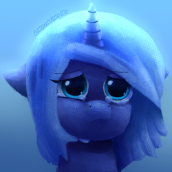 Size: 1000x1000 | Tagged: safe, artist:mystobright sky, imported from derpibooru, princess luna, pony, bust, female, filly, filly luna, foal, horn, portrait, sad, solo, teary eyes, woona, younger