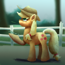 Size: 1000x1000 | Tagged: safe, artist:mystobright sky, imported from derpibooru, applejack, earth pony, pony, applejack's hat, cowboy hat, eyebrows, eyebrows visible through hair, female, hat, looking up, mare, outdoors, raised hoof, solo, straw in mouth