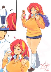 Size: 1400x2000 | Tagged: safe, artist:sozglitch, imported from derpibooru, sunset shimmer, oc, oc:generic messy hair anime anon, human, 2d, big breasts, breasts, busty sunset shimmer, button-up shirt, canon x oc, cellphone, clothes, dress pants, dress shirt, female, humanized, loafers, looking down, looking up, male, nail polish, nails, phone, pleated skirt, purple nails, school uniform, shipping, shirt, skirt, smartphone, straight, sweater vest, uniform