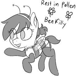 Size: 1608x1583 | Tagged: safe, artist:toricelli, imported from derpibooru, oc, oc:beefilly, oc:filly anon, oc:wanda, bee, bee pony, insect, original species, pony, clover, female, filly, flower, monochrome, rest in peace, solo