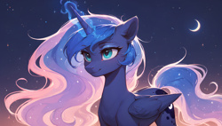 Size: 3840x2176 | Tagged: safe, artist:truekry, imported from derpibooru, princess luna, alicorn, pony, ai composition, ai content, crescent moon, folded wings, generator:tponynai3, generator:wai-ani-nsfw-ponyxl, glowing, glowing horn, horn, moon, night, night sky, night sky background, sky, stars, wallpaper, wings