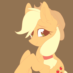 Size: 2048x2048 | Tagged: safe, artist:cupute, imported from derpibooru, applejack, earth pony, pony, apple, applejack's hat, big ears, brown background, colored background, colored lineart, cowboy hat, digital art, eyelashes, female, food, green eyes, hat, looking at you, my little pony, no shading, orange coat, raised hoof, rearing, simple background, smiling, smiling at you, solo, tail, tied mane, yellow hair, yellow mane, yellow tail