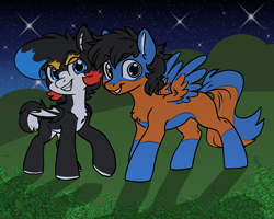 Size: 5000x4000 | Tagged: safe, artist:derpydoodesigns, artist:derpydooreviews, imported from derpibooru, oc, oc only, bat pony, pegasus, pony, absurd resolution, bat pony oc, bat wings, duo, grin, night, outdoors, pegasus oc, smiling, two toned coat, wings