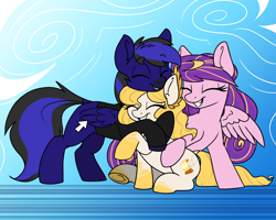 Size: 5000x4000 | Tagged: safe, artist:derpydoodesigns, artist:derpydooreviews, imported from derpibooru, oc, oc only, earth pony, pegasus, pony, absurd resolution, clothes, eyes closed, grin, hug, sitting, smiling, trio