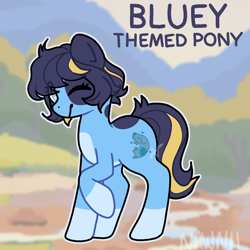 Size: 1400x1400 | Tagged: safe, artist:nawnii, imported from derpibooru, oc, oc only, earth pony, pony, bluey, bluey heeler, eye clipping through hair, female, mare, ponified, ponysona, raised hoof, signature, solo, spots, text