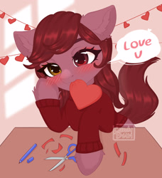 Size: 2733x3000 | Tagged: safe, artist:candybun, imported from derpibooru, oc, oc only, oc:velvet moon, earth pony, blushing, clothes, commission, cute, female, heart, hearts and hooves day, holiday, mare, paper, pencil, scissors, signature, solo, sweater, valentine's day, ych result