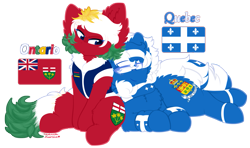 Size: 1627x960 | Tagged: safe, artist:vanillaswirl6, imported from derpibooru, oc, oc only, oc:ontario, oc:quebec, canada, duo, flag, fluffy, male, ontario, quebec, simple background, transparent background, vanillaswirl6's state ponies