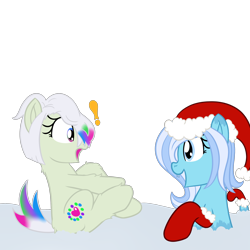 Size: 2000x2000 | Tagged: safe, artist:mariculture, oc, oc only, oc:adorable aura, oc:icicle slither, lamia, original species, pony, christmas, clothes, duo, exclamation point, female, hat, holiday, mare, open mouth, santa hat, simple background, socks, startled, transparent background