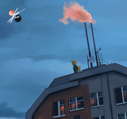 Size: 4258x4000 | Tagged: safe, artist:potato22, imported from derpibooru, oc, oc only, oc:mareota, pegasus, pony, antenna, building, clothes, cloud, cloudy, film grain, outdoors, overcast, rooftop, signature, smoke, solo, sweater, window