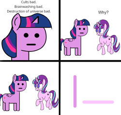 Size: 1069x1015 | Tagged: safe, artist:colochenni, editor:modus ponens, imported from derpibooru, starlight glimmer, twilight sparkle, pony, crossing the memes, cult, equal cutie mark, equalized mane, female, implied violence, loss (meme), loss edit, meme, npc, npc meme, ponified, s5 starlight, simple background, stylistic suck, white background